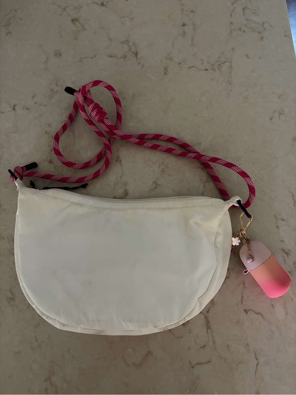 White Crescent Crossbody Bag with Pink Rope Strap